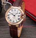 Fake Ballon Bleu De Cartier Watch 33mm - White Roman Dial Brown Leather Band